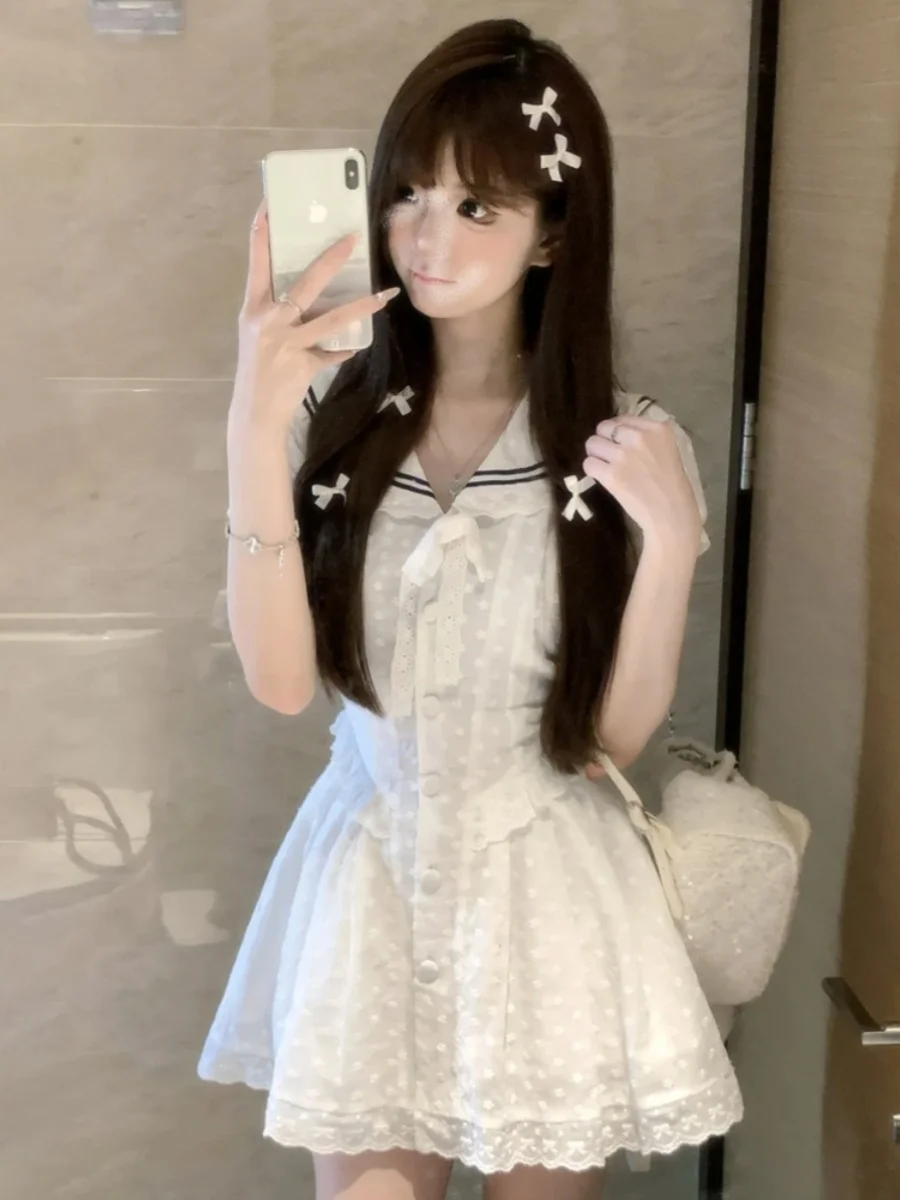 

White A-Line Short Dress SYJ Comfortable Casual High Waist Naval Collar Sweet And Spicy Girl plus Size Women's Clothing