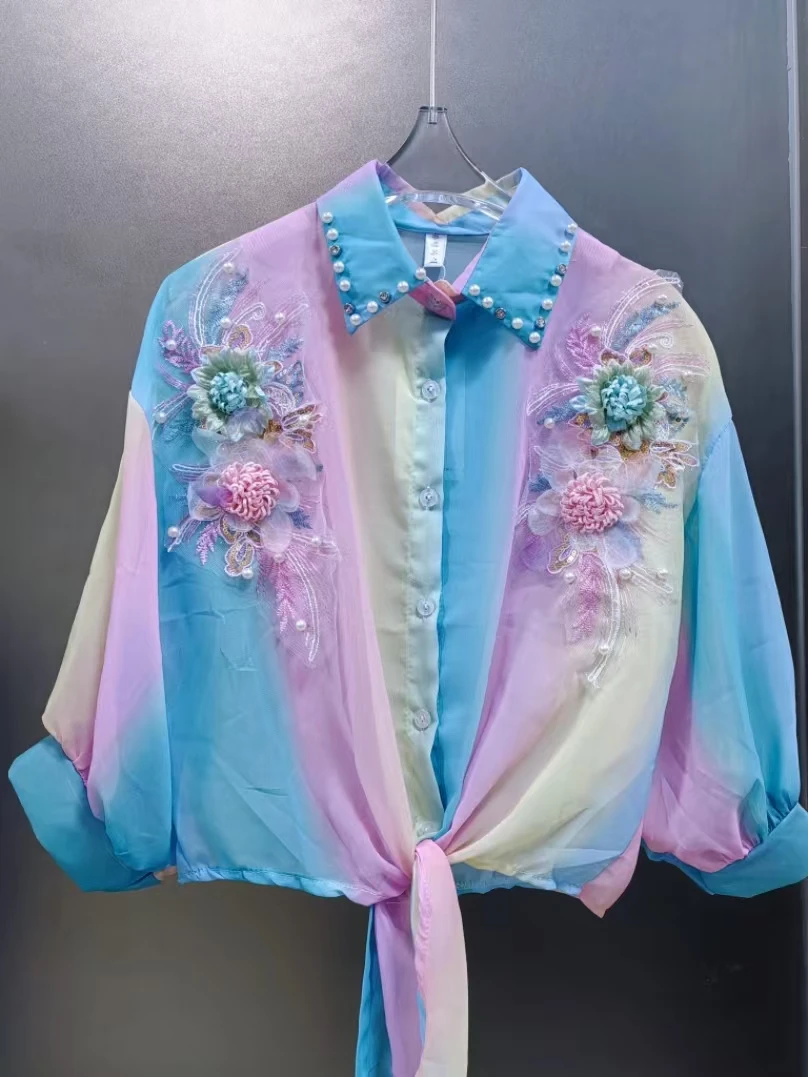 Blusas con protección solar de gasa de arcoíris y flores de estilo lujoso, camisas para mujer, ropa de calle, Tops cortos de verano, ropa Popular coreana