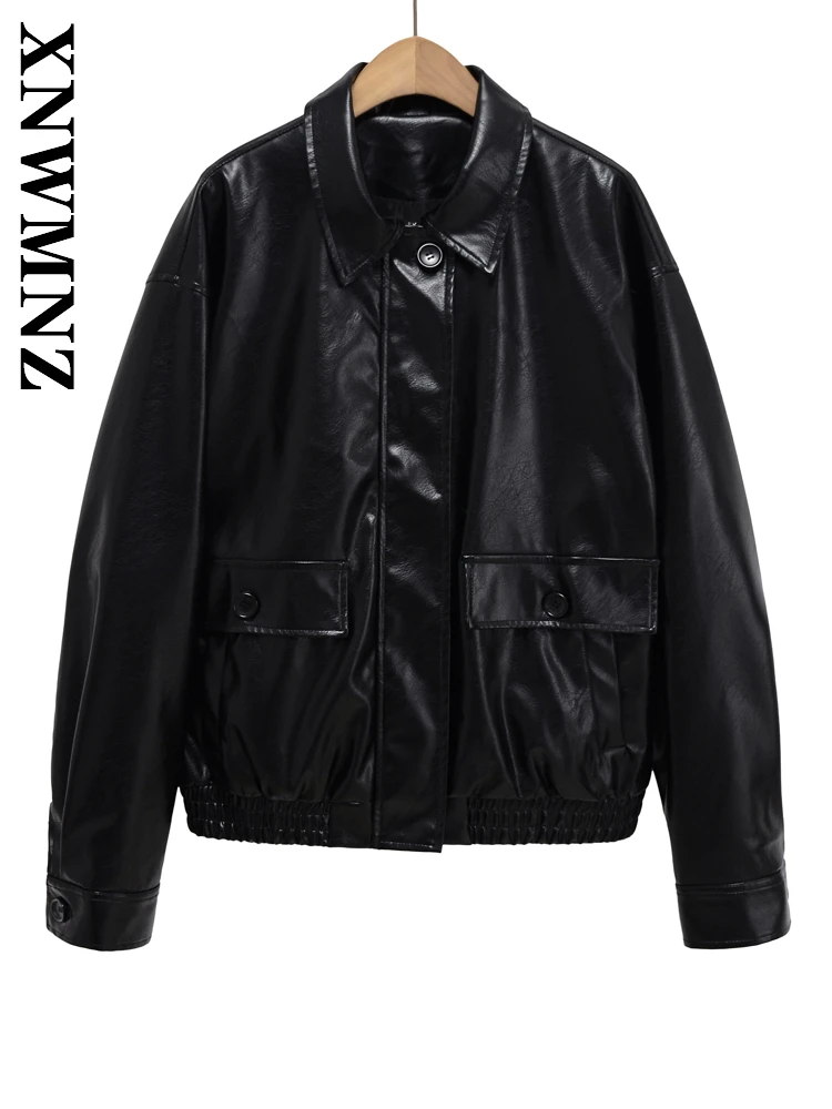 

XNWMNZ 2025 Spring Woman Simple Fashion Long Sleeve Imitation Leather Jacket Casual Commuting Autumn Lady Turn-down Collar Chic