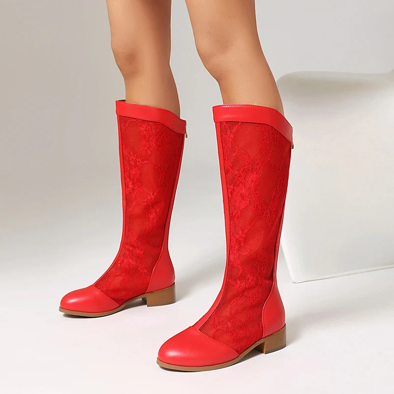 

Plus Size T-Shaped PU Thin Strip Splicing Hollow Lace Fabric Back Zipper Socks Boots Flower Mesh Breathable New Midsole Boots