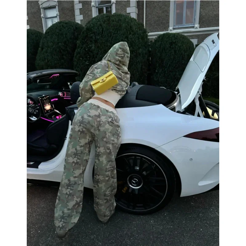 Neue 2025, modische Y2K-Sportbekleidung, zweiteiliger Anzug für Damen, Hip-Hop, rosa Tarnung, kurze Taille, umarmt, schlanker Kapuzenpullover, lässig, Loos eqs9X