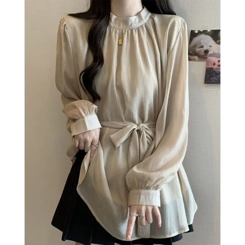 

Корейская женская блузка с длинным рукавом, весна-осень, новая, милая, молодежная, универсальная, с завязками, модная, свободного кроя