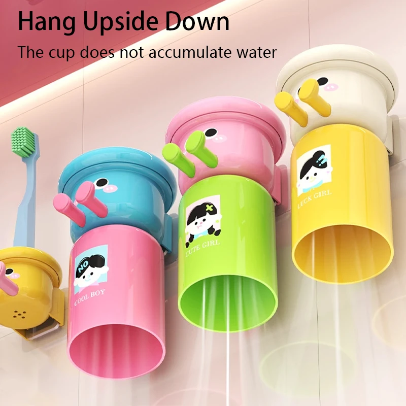 Cute Kids Creative Toothbrushes Holder,Household No Punching Organiser Rack with Cups for Toothpaste Comb,2 In 1 Gargle Cup