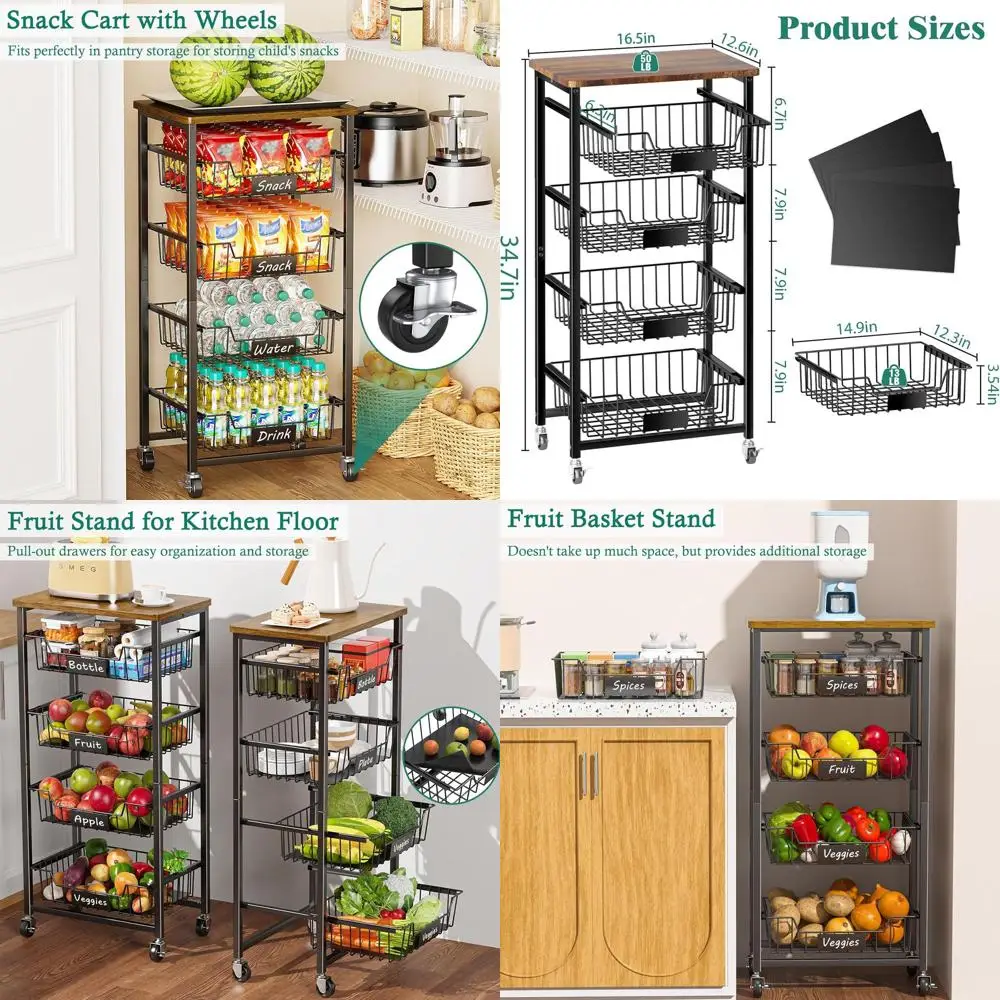 

5-уровневая металлическая кухонная тележка на колесиках с деревянной столешницей и выдвижными корзинами для хранения в кухне, гостиной, столовой и офисе