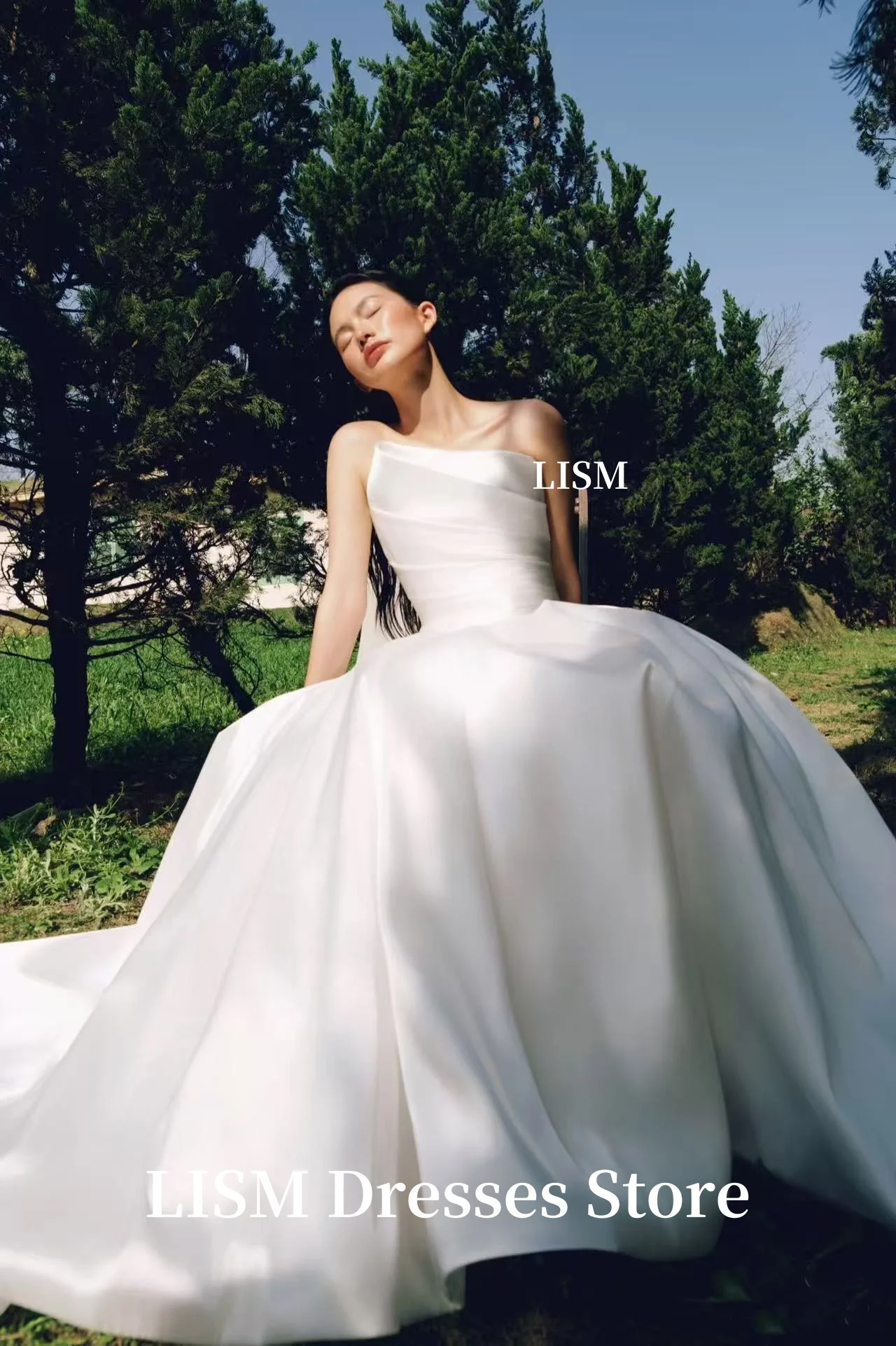 LISM Strapless A-Line เกาหลีชุดแต่งงานผ้าไหมซาติน Elegant ยาวชุดเจ้าสาว ที่กําหนดเองรัดตัวถ่ายภาพ