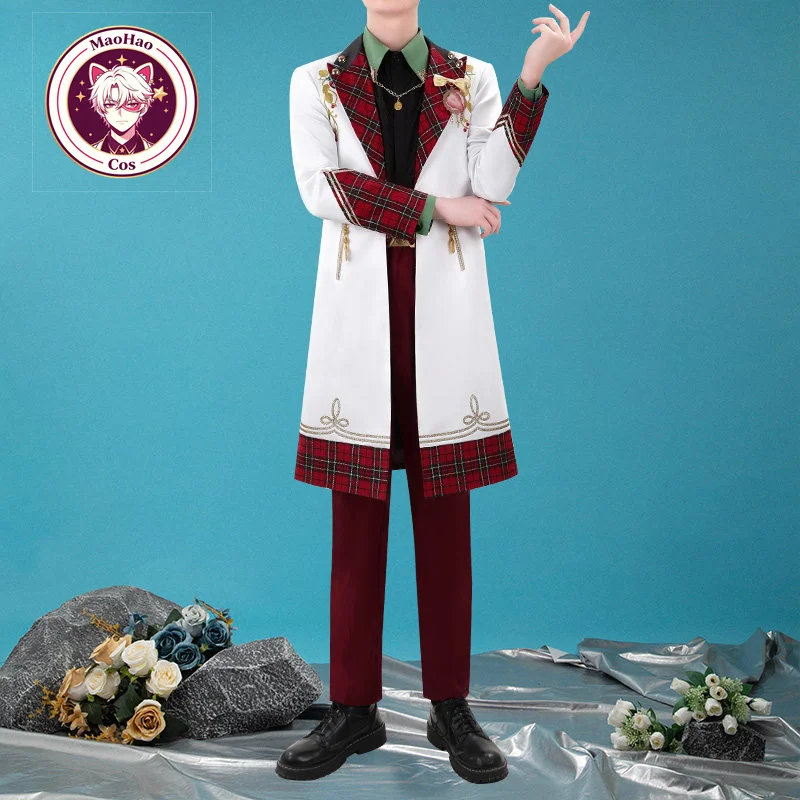 Candy Box Will Cosplay Costume White Long Coat With Red Plaid Trim & Burgundy Pants Full Set Men Outfit For Comic Con MaoHao Cos