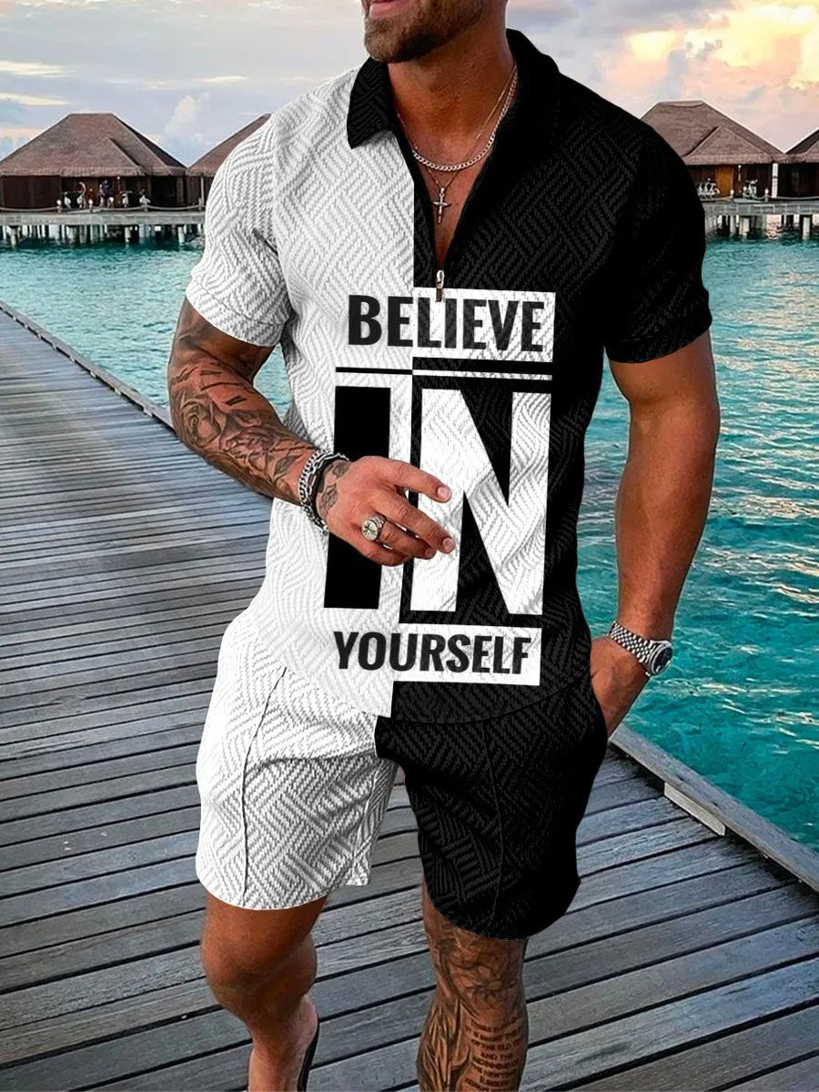Polo informal con cremallera para hombre, conjunto de ropa de calle, camiseta de manga corta con estampado 3D, pantalones cortos, tendencia de moda,