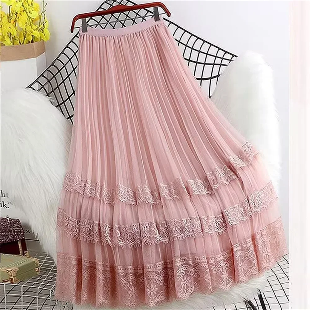 

2024 Korean Spring Autumn New Female 6 Colors 3 Layers Fashion Lace Hollow Long Skirts Lining Mesh Lace Dance Bridesmaids Skirt