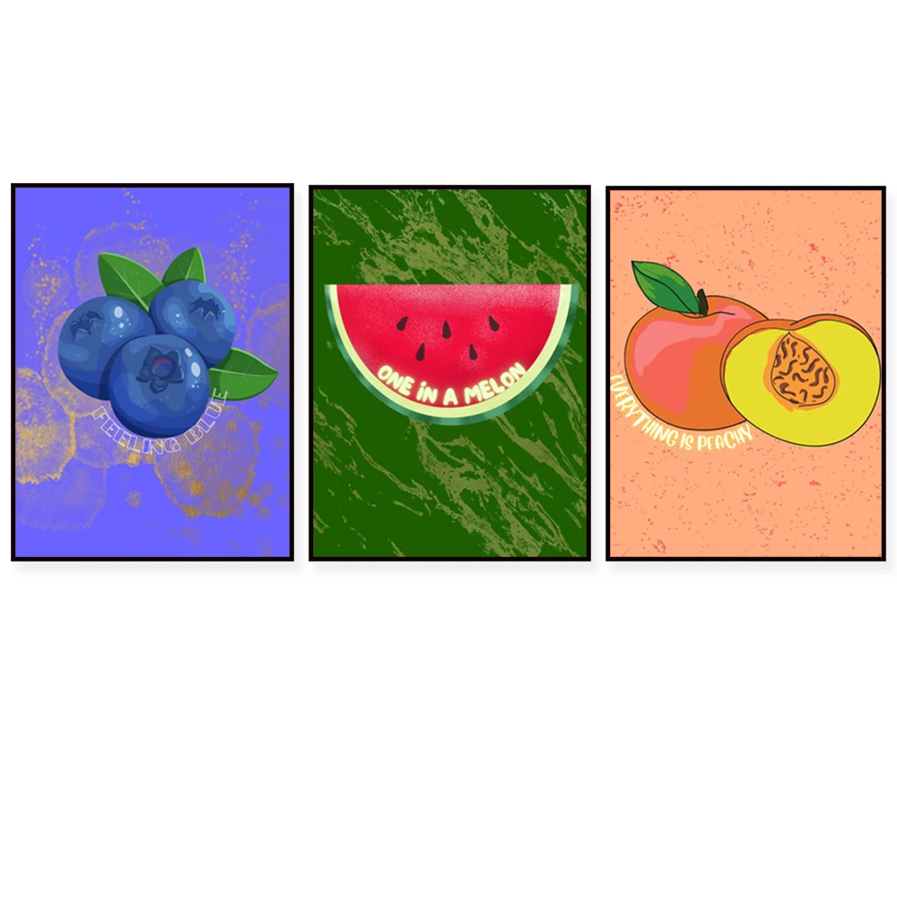 Fruit art prints, watermelon strawberry lemon blueberry peach spring colorful abstract fruit poster kitchen living room decor