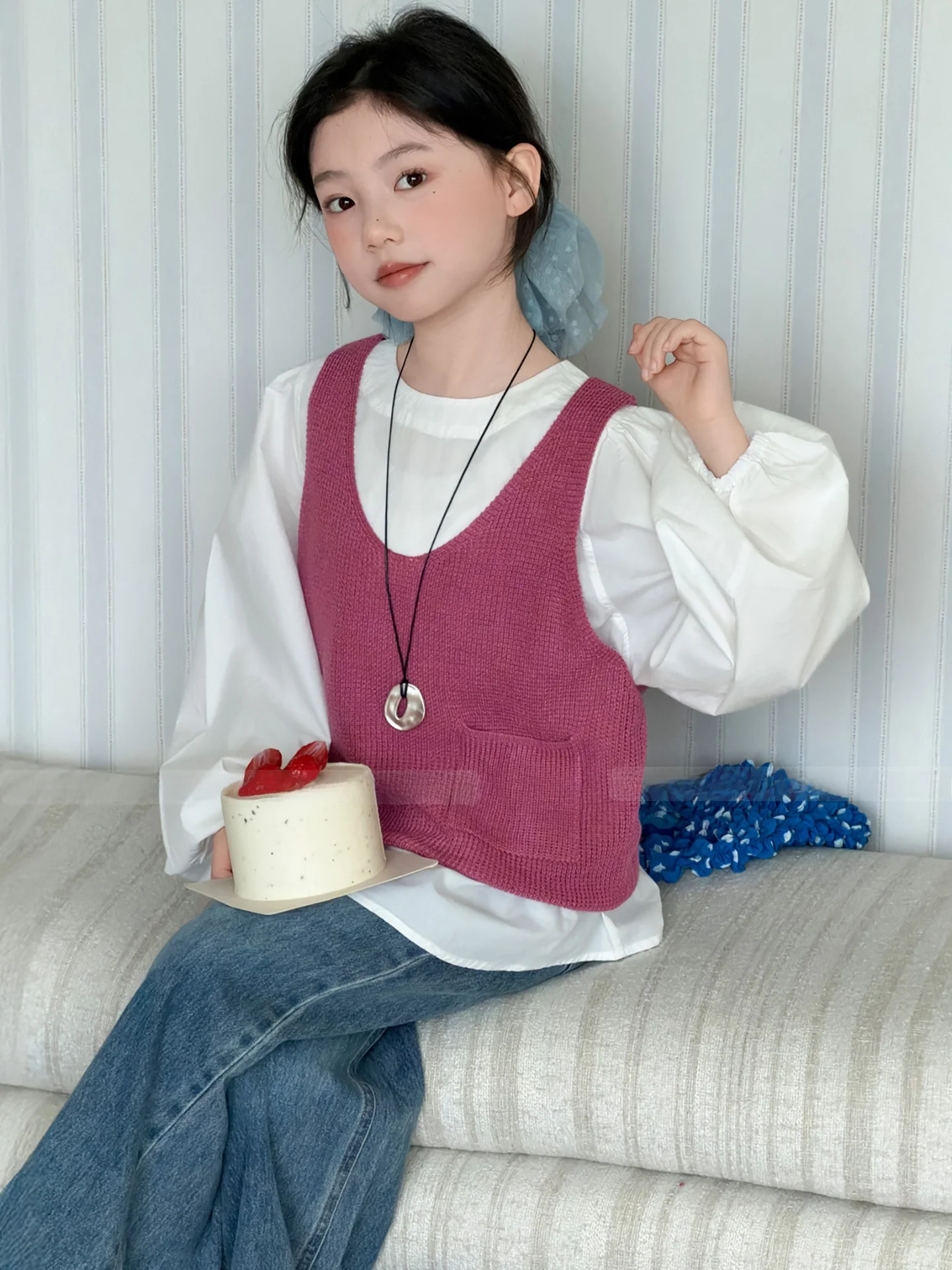 女の子の春のファッションカレッジスタイルニットベストとシャツセットツーピースレイヤード衣装軽量通気性抗菌