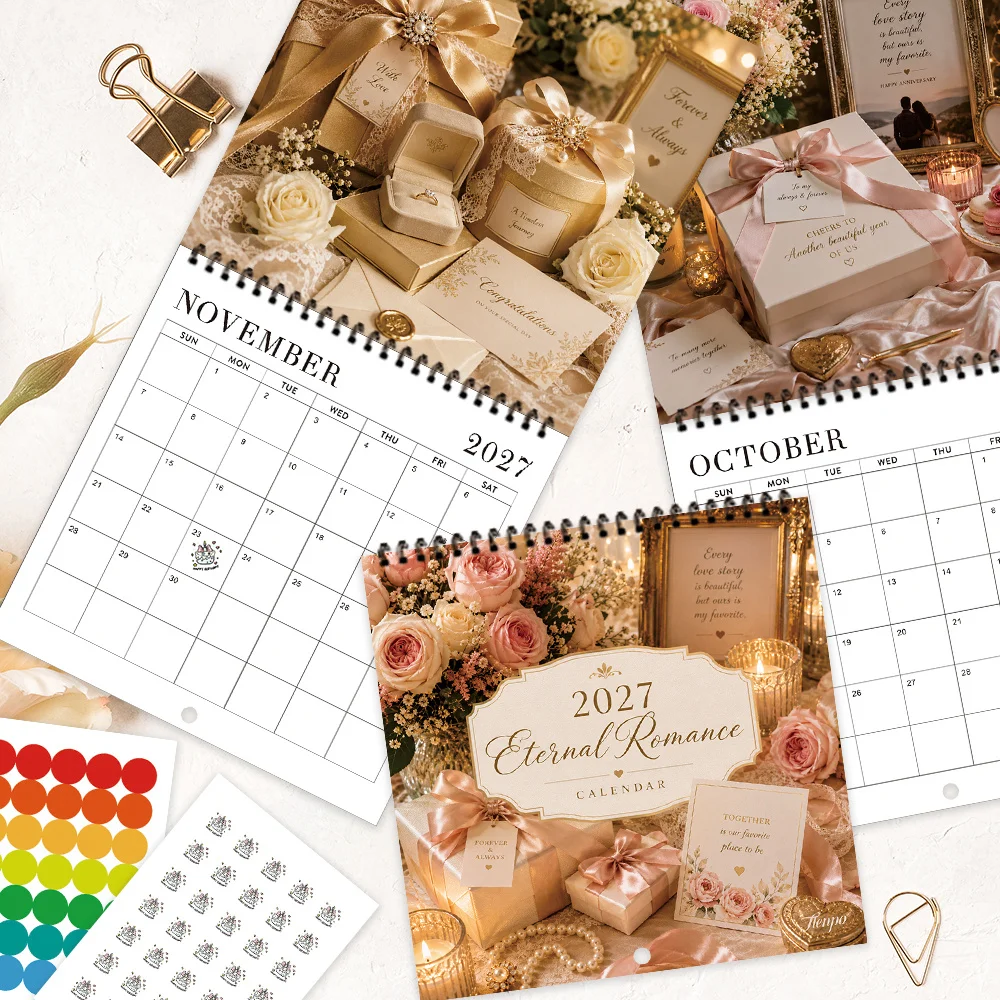 1pc 2027 Gentle & Romantic Wall Calendar,12‑Month Planner,Gift For Back‑to‑School,Christmas,New Year,Free Stickers Included