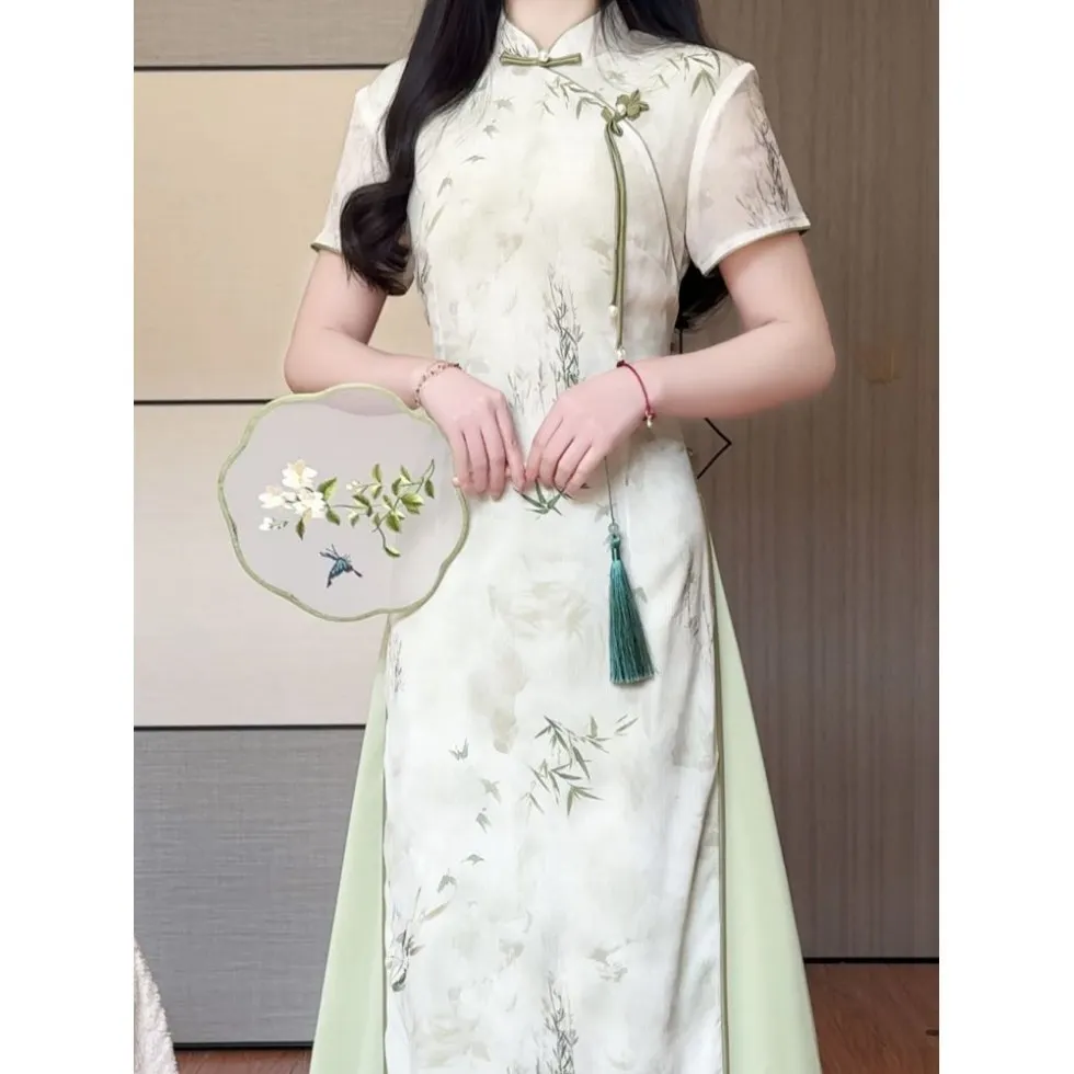 Spring Summer New Green Elegant Ao Dai Improved Cheongsam Lady Young New Chinese Style Qipao Dress    CH-211