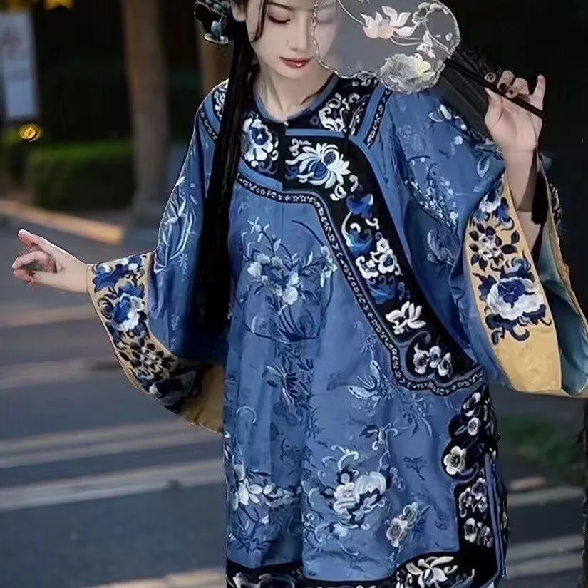 Late Qing Dynasty GEGE Qi Costume Women Traditional Cyan Floral Printing Hanfu Niche Vintage Palace Style Cosplay Clothing