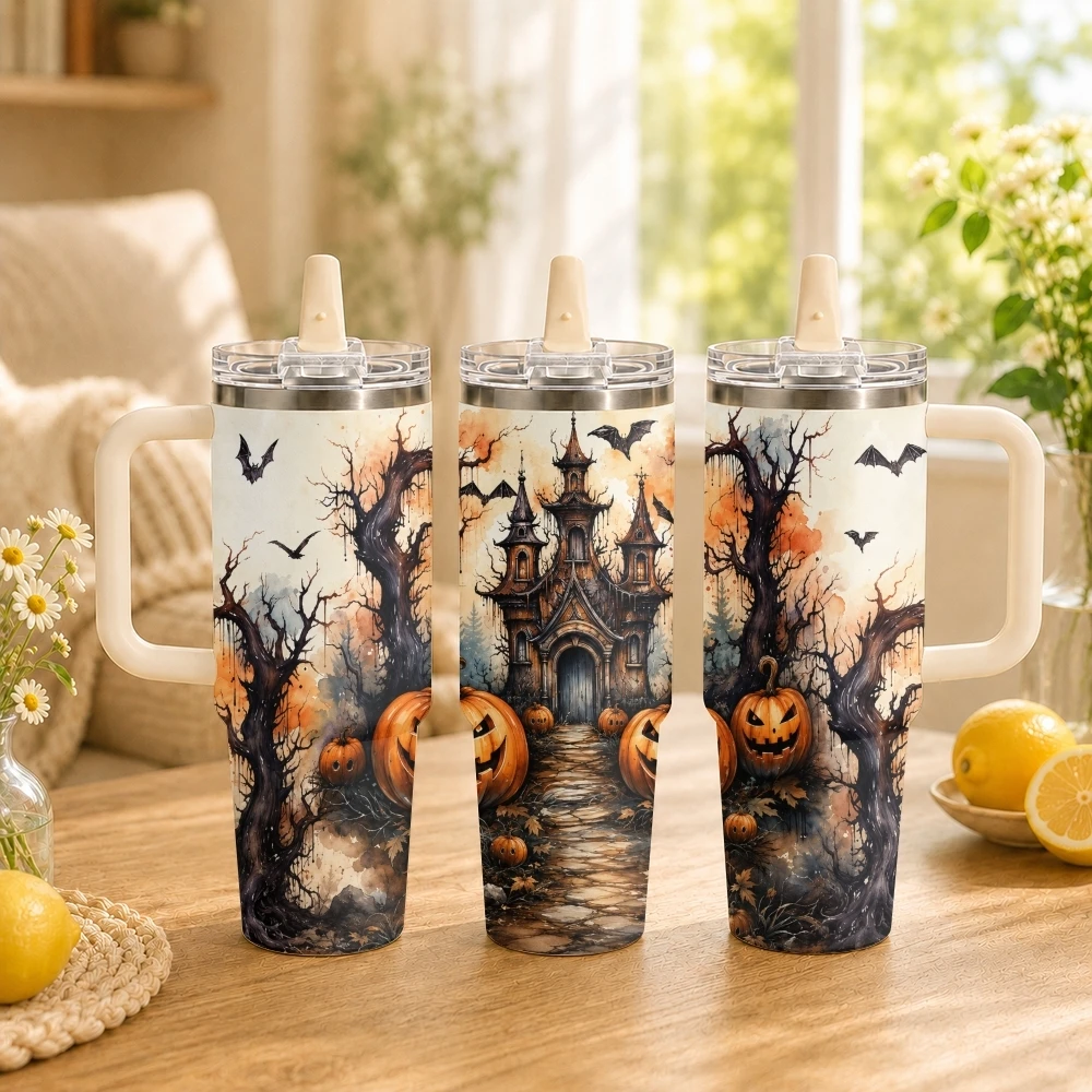 Haunted Pumpkin Manor Vacuum Flasks 40oz Thermal Tumbler with Handle Stainless Steel Vacuum Insulated Water Portable Mug Cup