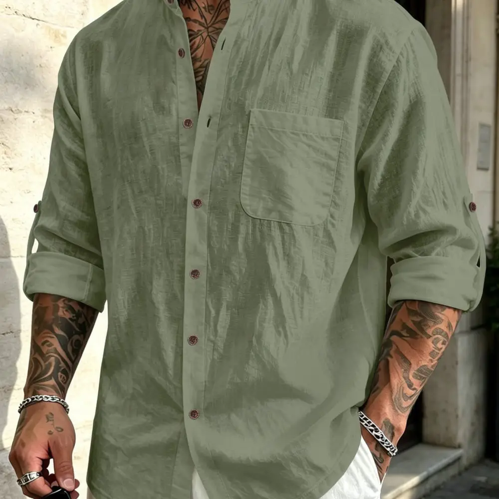 Breathable Mens Linen Henley Shirt Long Sleeve Summer Beach Top Slim Fit Comfortable Casual Solid Fashion Classic Style