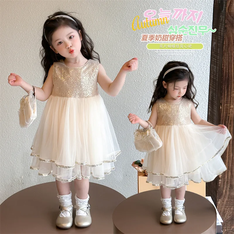 2026 new girls champagne mesh dress children's Korean version of fashion little girl foreign princess dress