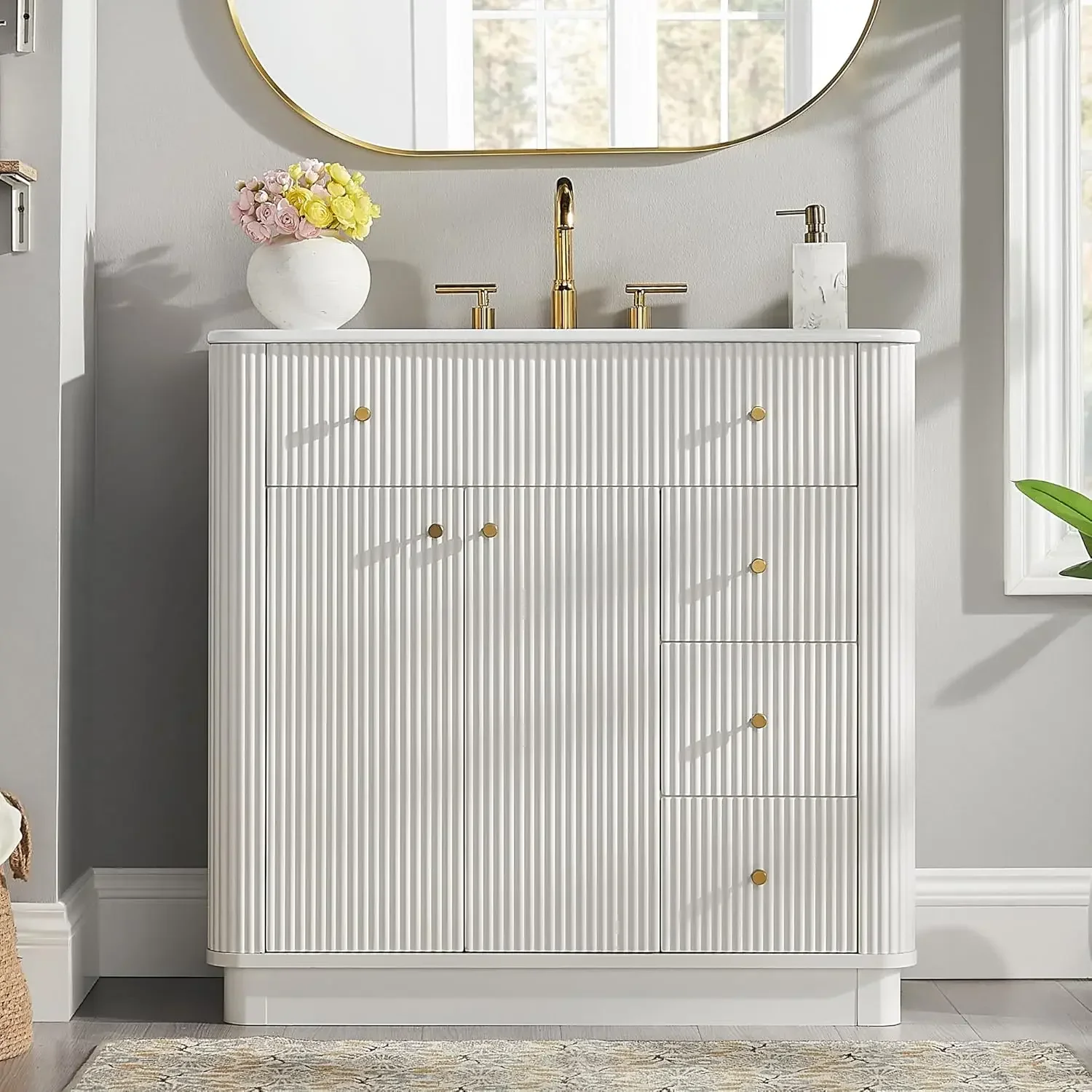 

36in Modern Fluted Bathroom Vanity Sink Storage Cabinet Adjustable Shelf 3 Drawers Solid White, Custom