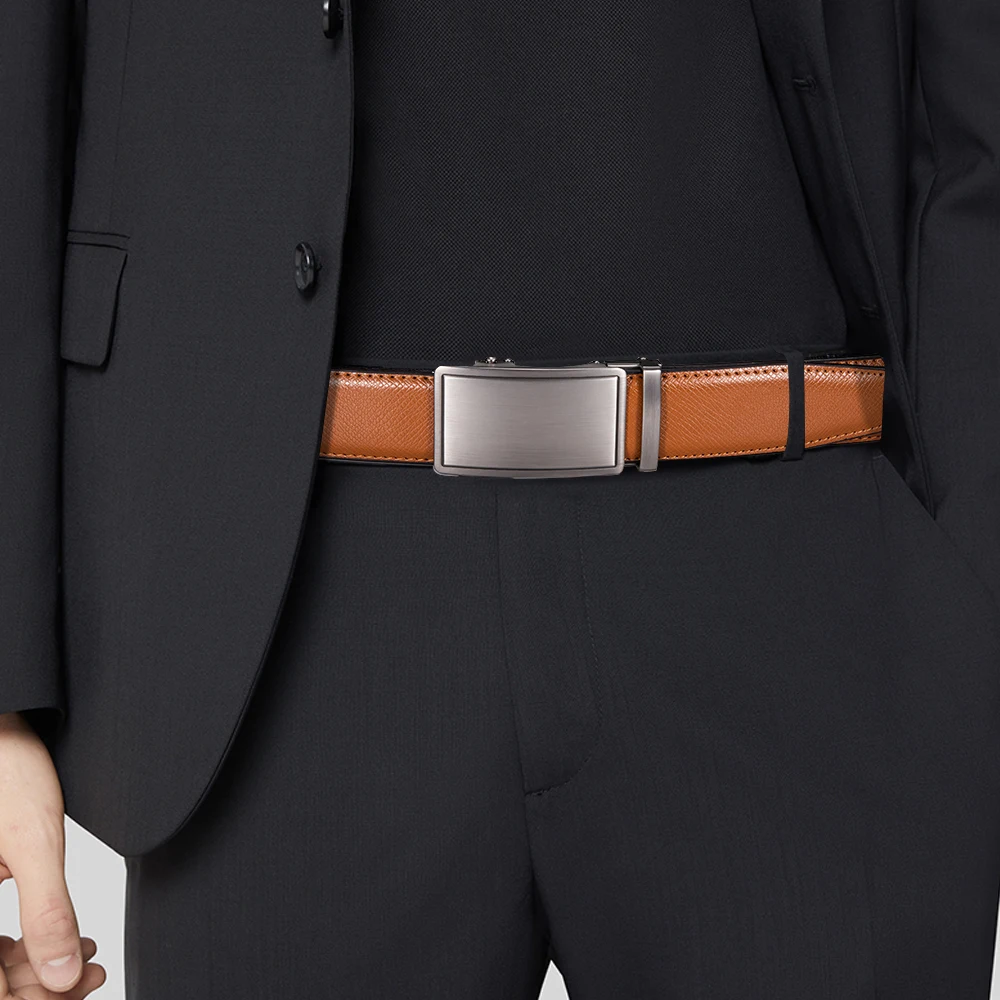 Hi-Tie Black Brown Navy Blue White Mens Belts Genuine Leather Strap Automatic Buckles Ratchet Waistband Dress Jeans Belt for Men