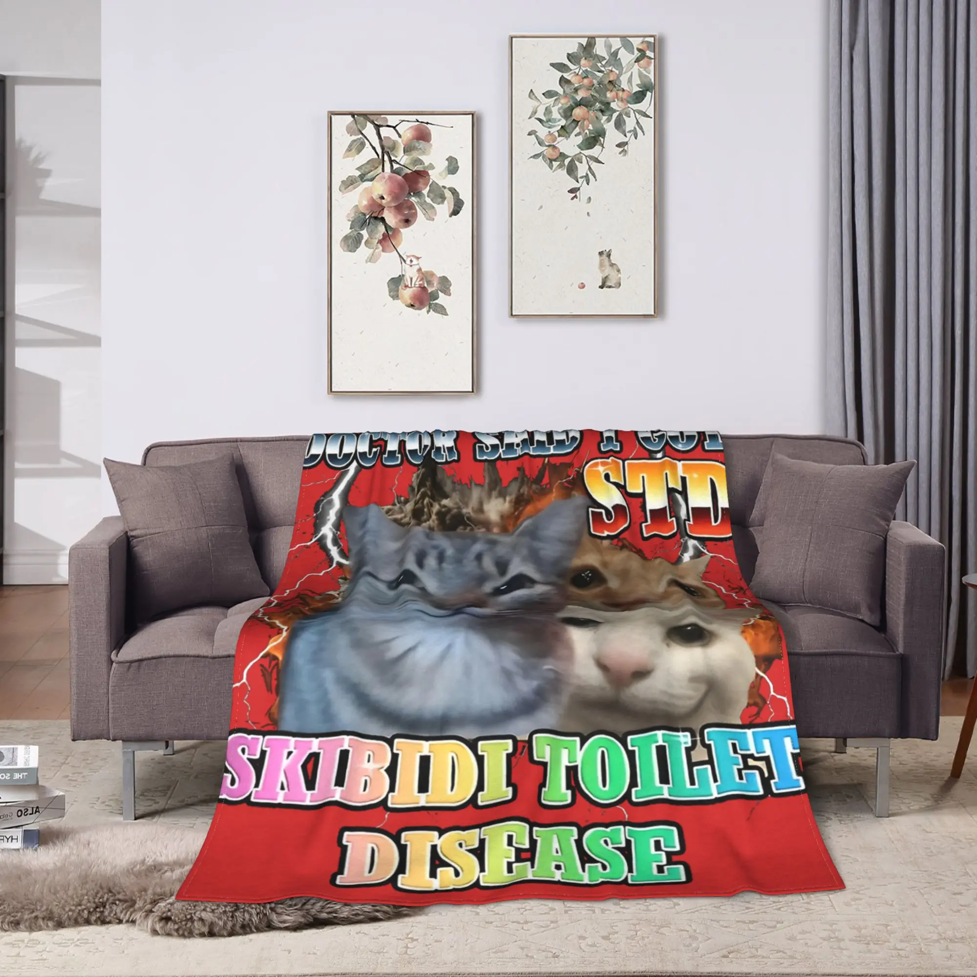 Skibidi Toilet Disease Funny Cat Meme Blanket  Camping Flannel Throw Blanket For Bedroom Warm Soft Customized Quality Bedspread