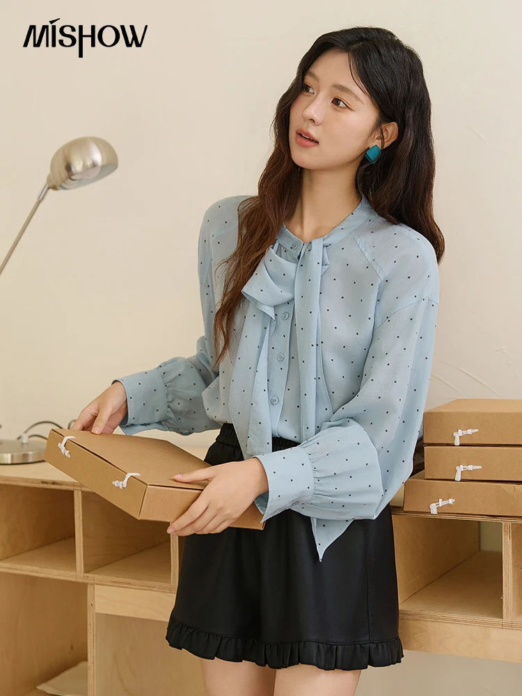 

MISHOW женская повседневная рубашка, осень 202, французская винтажная синяя рубашка в горошек, топ с длинными рукавами и воротником-бабочкой, женская одеждаMXE45X2475