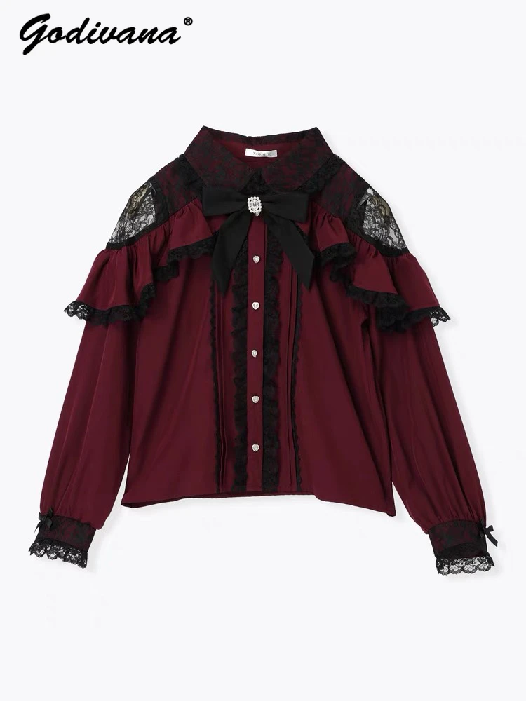 Sweet Japanese Mine Cape Ruffled Lace Stitching Shoulder Long Sleeve Shirt Spring and Autumn Women\'s Lolita Bowknot Blouse Tops