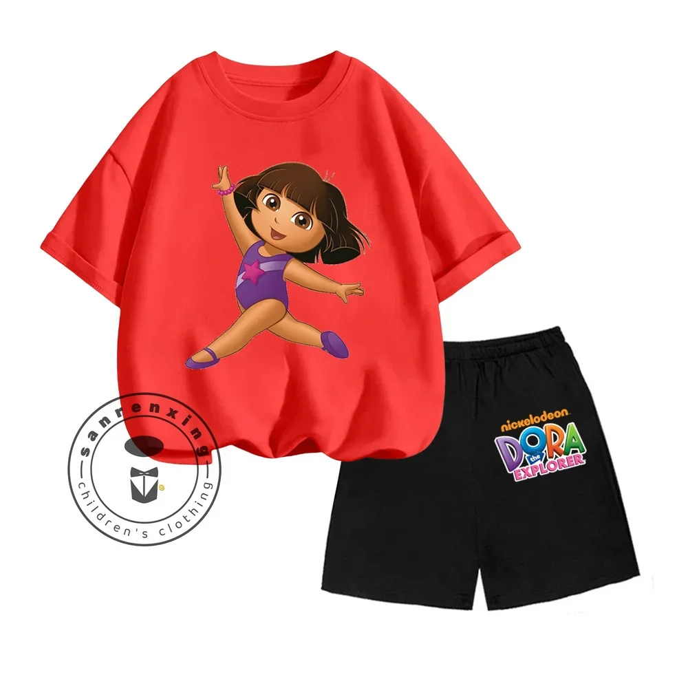 2024 Dora The Explorer Animated Cartoon Print Design O-neck Short Sleeve and Shorts Two-piece Suit for Children 3-14 Years Old