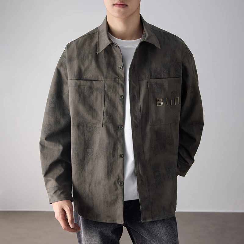 

2026 Spring Fashion Thin Shirt Jacket for Men American Retro 100% Cotton Washed Subtle Pattern Overshirt Shacket Plus Size 4XL
