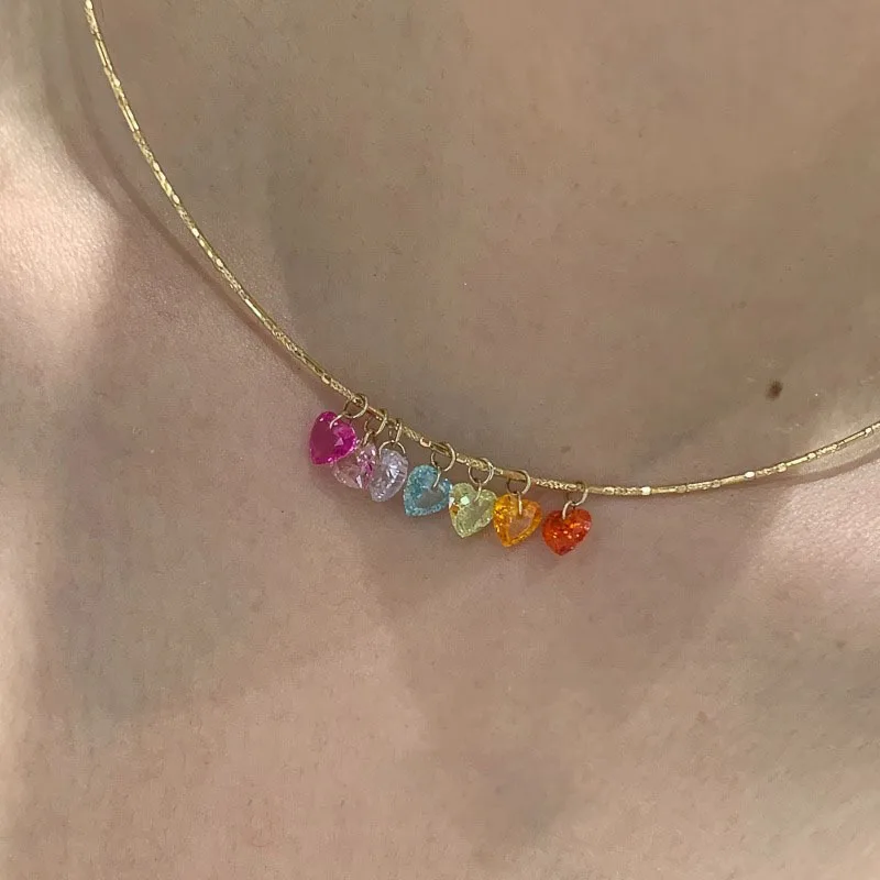 Sweet Rainbow Color Heart Zircon Charm Choker Necklace For Girls and Women Fashion Jewelry Summer on Holiday