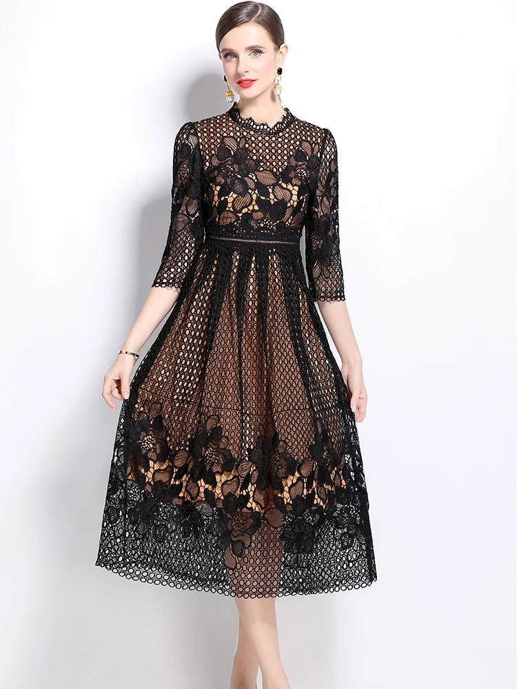 SMTHMA New Arrival Solid Spliced Embroidery Hollow Out Dresses For Women O-Neck Patchwork Elegant Dress Female Clothing