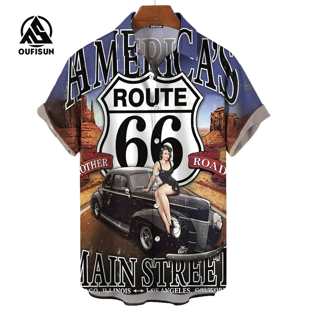 Men\'s Shirt Retro Motorcycle Lapel Buttoned Shirt Summer Short Sleeve Clothing Street Casual Loose Clothes 2024 Hawaiian Shirt