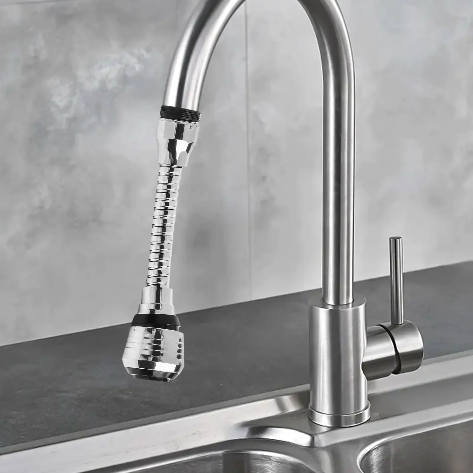 360° Flexible Faucet Extender Bendable Kitchen Sink Tap Spray Head Attachment Material:Stainless Steel+ABS Sliver Color