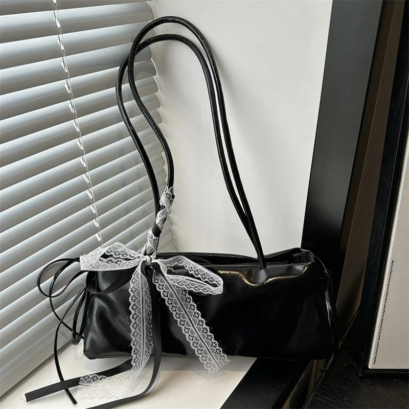 Women Glossy PU Baguette Underarm Bag Korean Ballet Style Lace Bow Decor Shoulder Bag Side Drawstring Zipper Handbag for Ladies