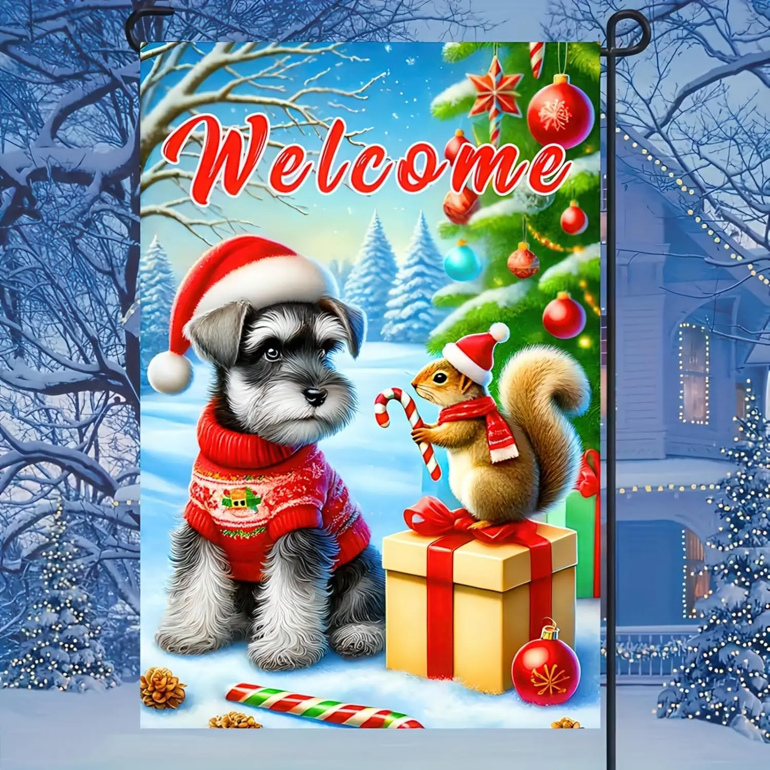 Welcome Garden Flag Double Sided 12x18 Flag Dog Christmas Garden Flag Cute Schnauzer And Squirrel With Candy Canes Pet Theme VVL