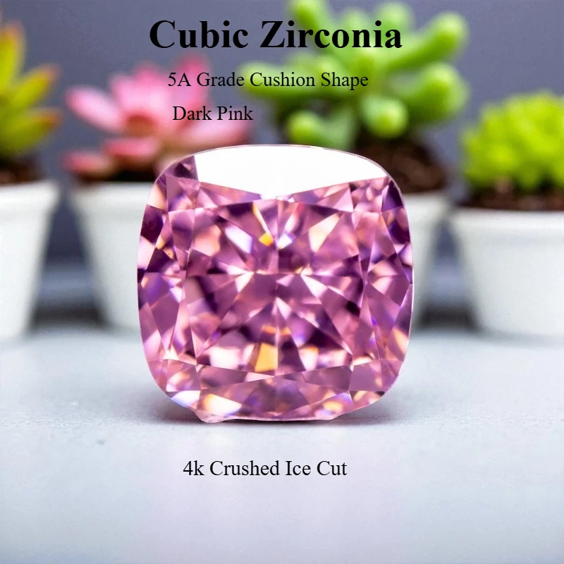 

High Carbon Diamond Cubic Zirconia Cushion Shape 5A Grade Dark Pink Color 4k Crushed Ice Cut Loose CZ Stone Charms Women Jewelry