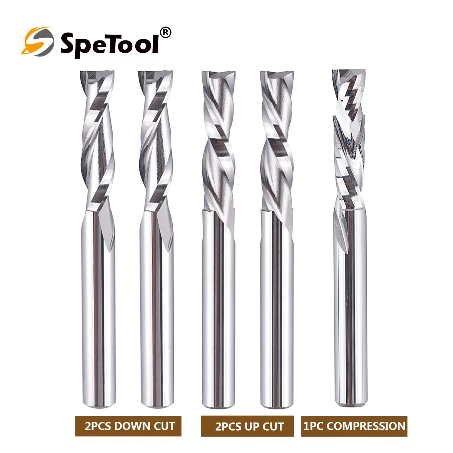 SpeTool 5PCS Spiral Router Bits Solid Carbide CNC Up Down Compression Router Bit Set for Wood Slot Mortise Cut Carving Engraving