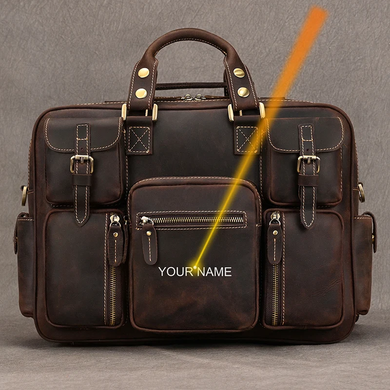Luufan Vintage Crazy Horse skórzana męska teczka 15.6 "torebka biznesowa skóra bydlęca torba na laptopa duże pliki torba robocza