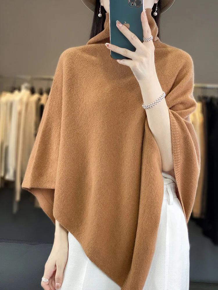 Autumn and Winter New 100% Wool Shawl Scarf Women's Solid Color Versatile Knitted Cape Outer Cloak Fashionable Korean