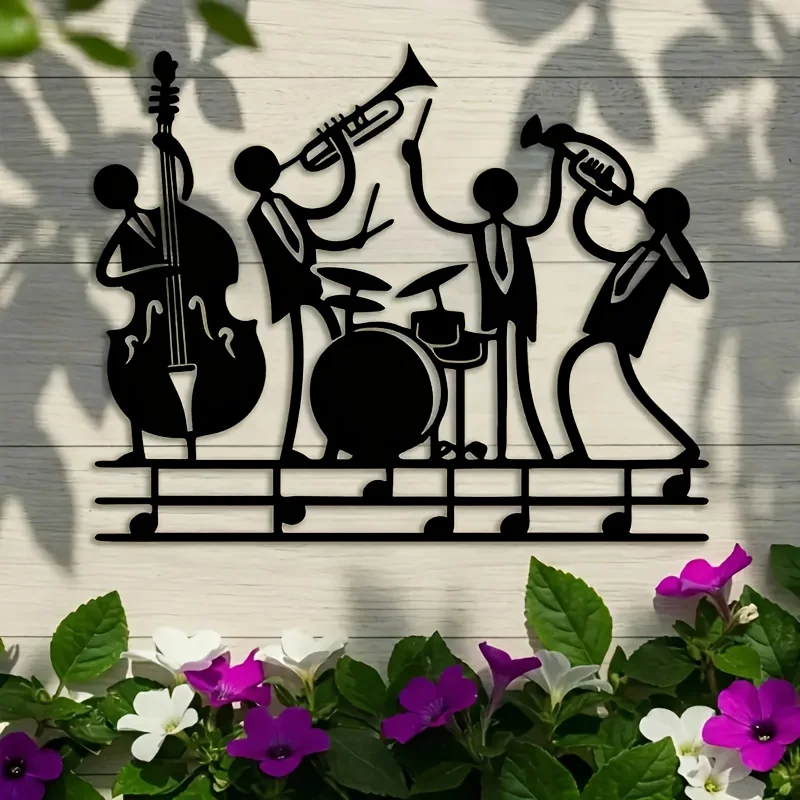 1 Piece Jazz Band Metal Wall Sculpture - Trumpet, Flute, Cello, Drum - Elegant Musical Note Decoration - Indoor/Outdoor Wedding, Home, Office, Garden Decoration - Gift for Jazz Lovers - Durable Metal Material