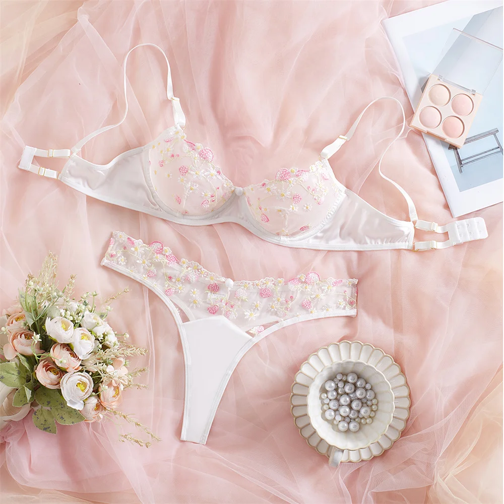

French Style Flower Embroidery Lingerie 2 Pcs Sets Fancy Mesh Patchwork Perspective Bras And Panties Suits Erotic Intimate Set