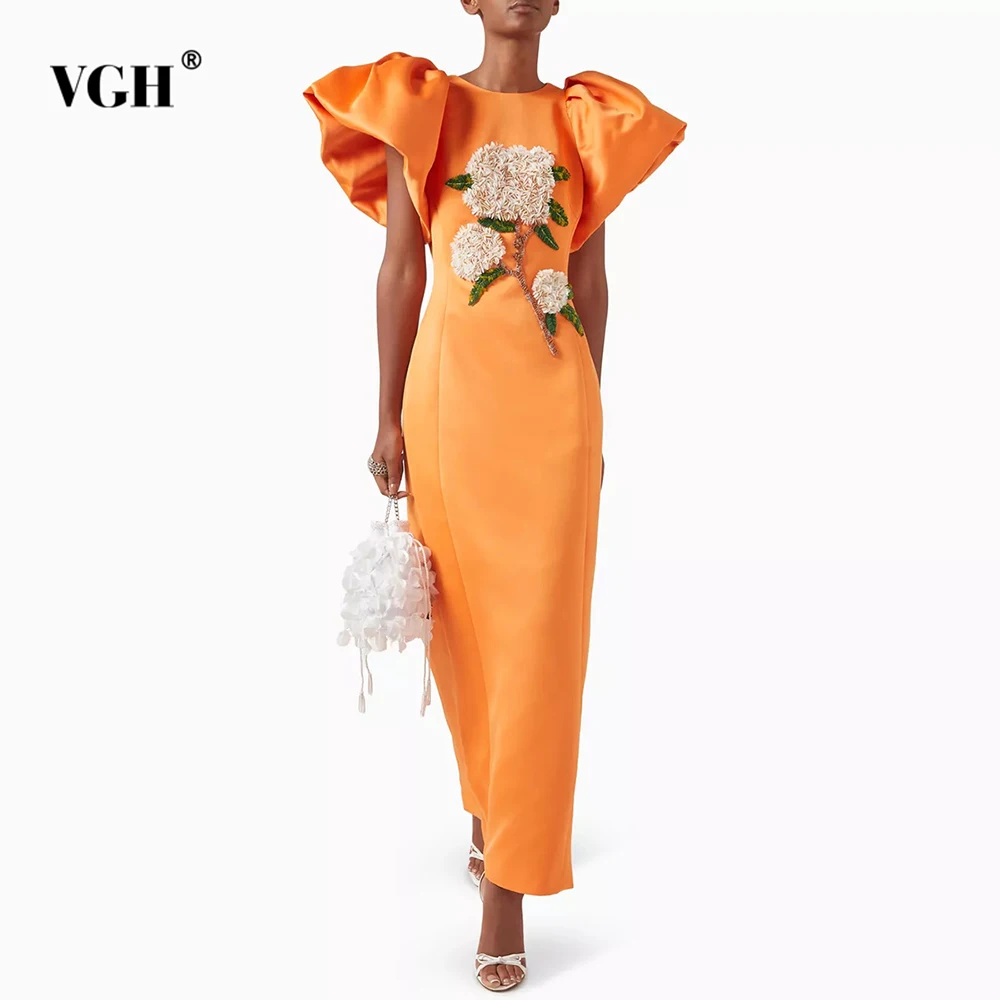 

VGH Vintage Catwalk Solid Slimming Dresses for Women Round Neck Puff Sleeve High Waist Spliced Appliques Elegant Dress Female