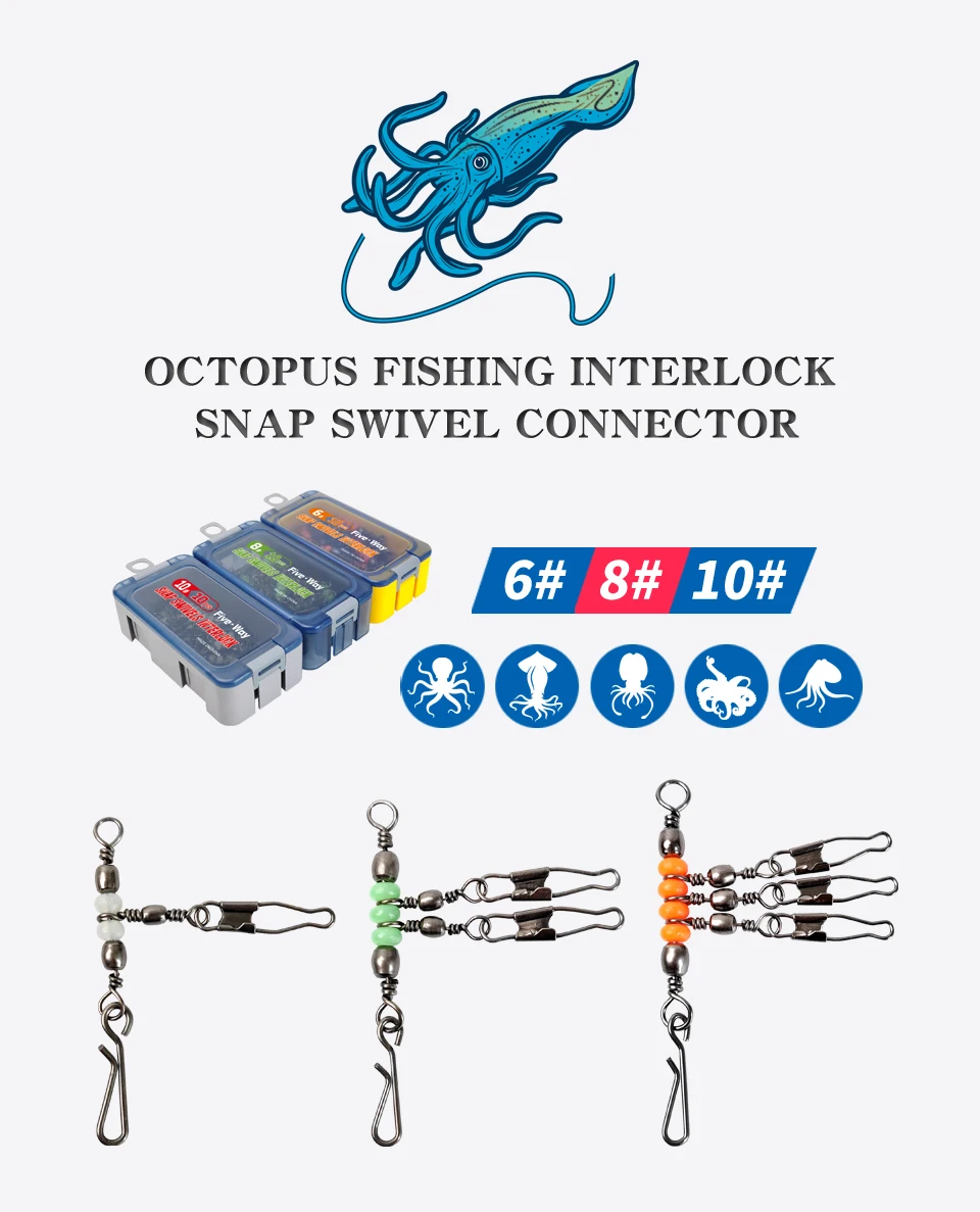 New 10pcs 1-2-3-Way Fishing Snap Connector 6#/8#/10# Stainless Steel Luminous Fishing Pin Connector Barrel Swivels Tackle