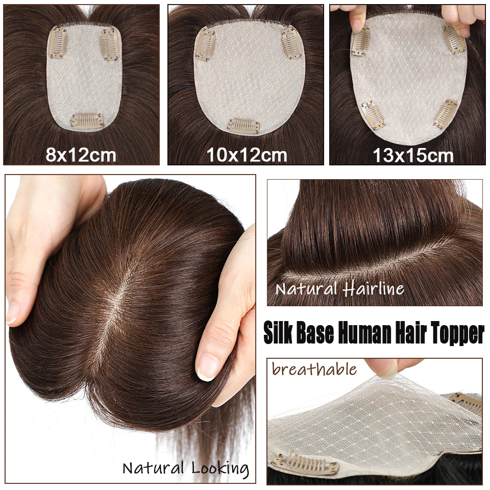 Dazzeal-Topper de cabello humano con Base de seda para mujer, cuero cabelludo Natural, pieza de cabello marrón y negro, Clips de cabello humano Real, peluca