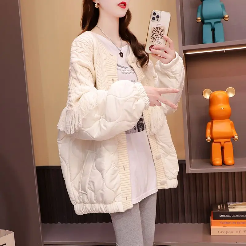 

2023 Autumn Winter New Design Feel Versatile Casual Thickened Sweater Cardigan Women Panel Female Cotton Coat Lazy Loose Fit