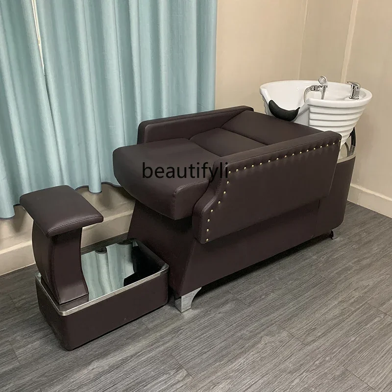 Silla de champú de media tumbación para peluquería, lavabo de cerámica, salón de peluquería de alta gama con calentador de agua de ahorro de energía