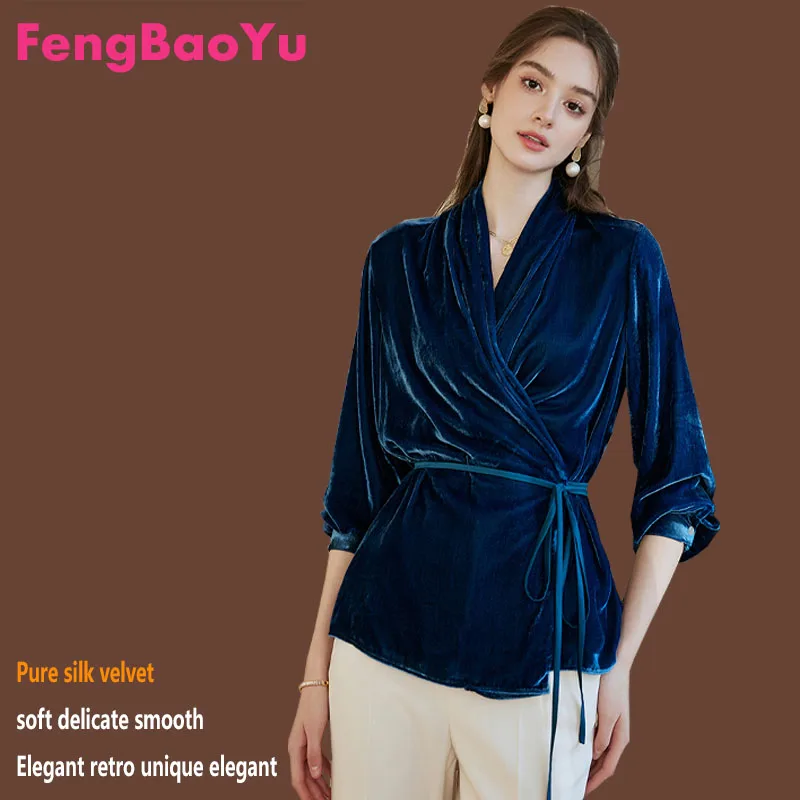 

Silk Velvet Women's Spring Autumn Shirt French Lace Mulberry Silk Shirt Fashion Commuter V-neck Waist Blouse Noble Temperament