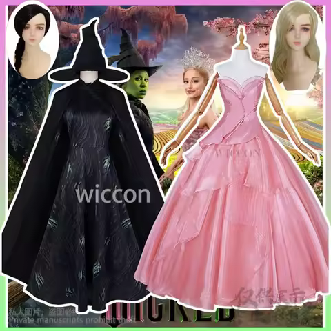Anime Movie Magic Witch Elphaba Glinda Cosplay Wicked Uniform Dress Pink Black Lolita Dress Wigs Hat Halloween Party Customized