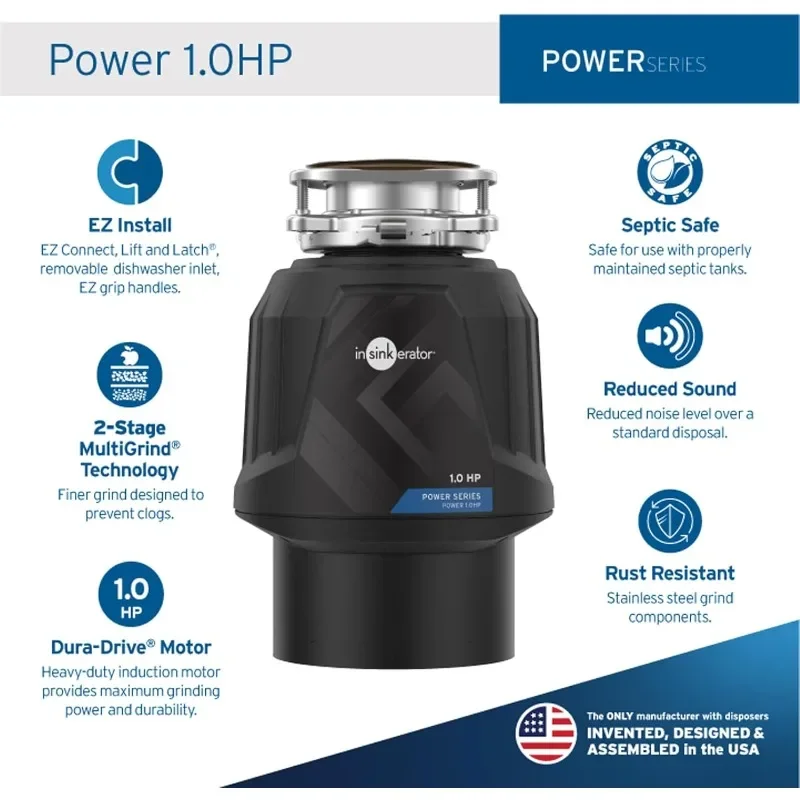 InSinkErator Power 1HP, 1 HP Garbage Disposal, Power Series EZ Connect Continuous Feed Food Waste Disposer, Black