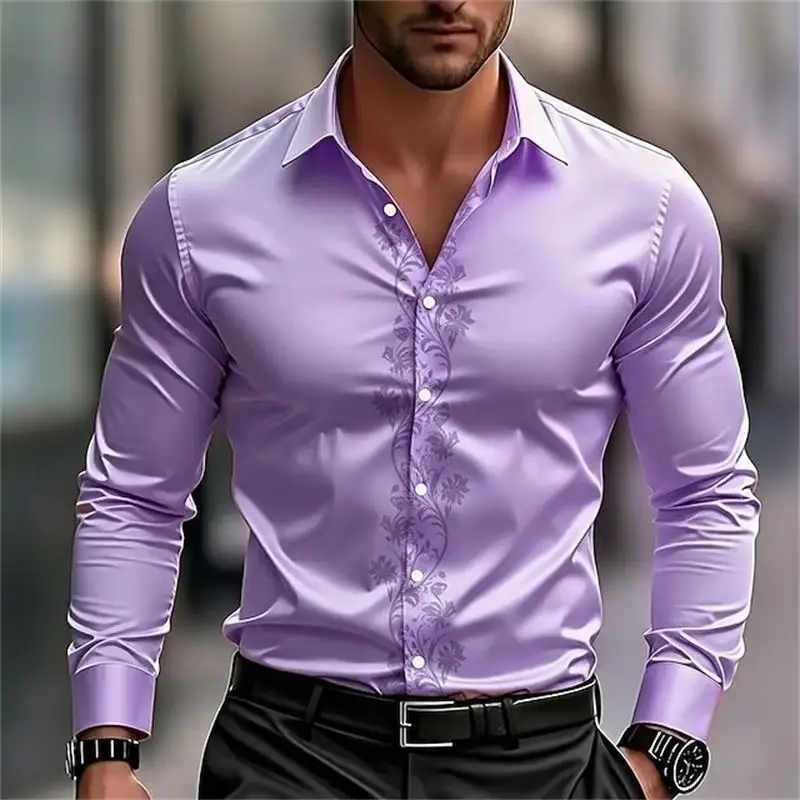Camisa de manga larga a la moda para hombre, camisa informal con estampado 3D y botón de solapa, camiseta cómoda de manga larga