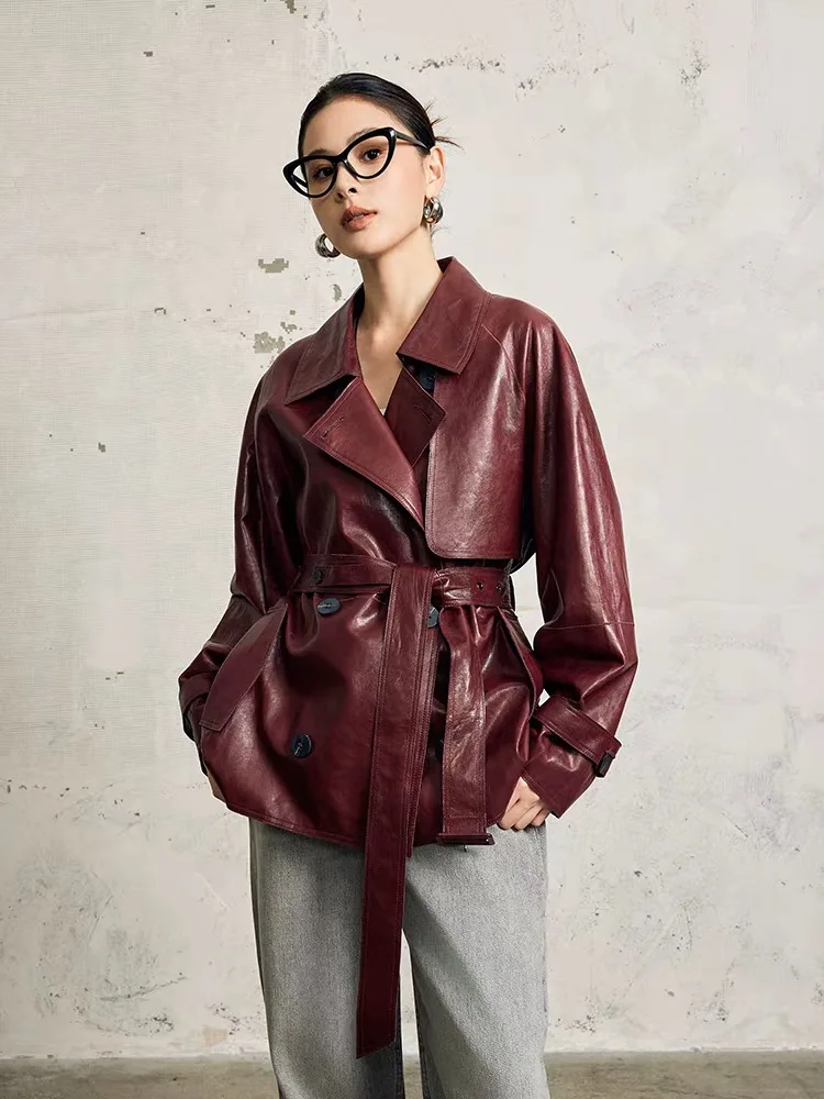 Coupe-vent classique en cuir bordeaux pour femmes, Trench-Coat mi-long en peau de mouton avec ceinture, hiver 2025, 100%