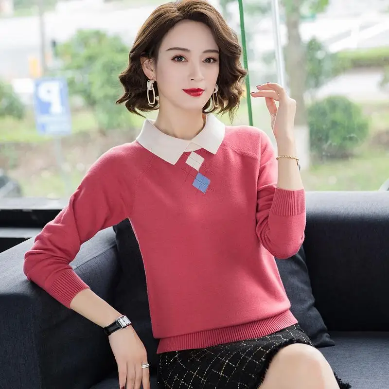 Women Clothing Korean Fashion Contrast Color Elegant Chic Knitted Sweater Autumn Polo Collar Long Sleeve All Match Pullover Tops